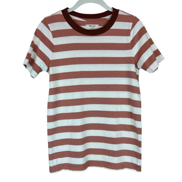 MADEWELL Womens Short Sleeve T Shirt Peach Cream Stripe Sz XS 100% Supima Cotton - Picture 1 of 5